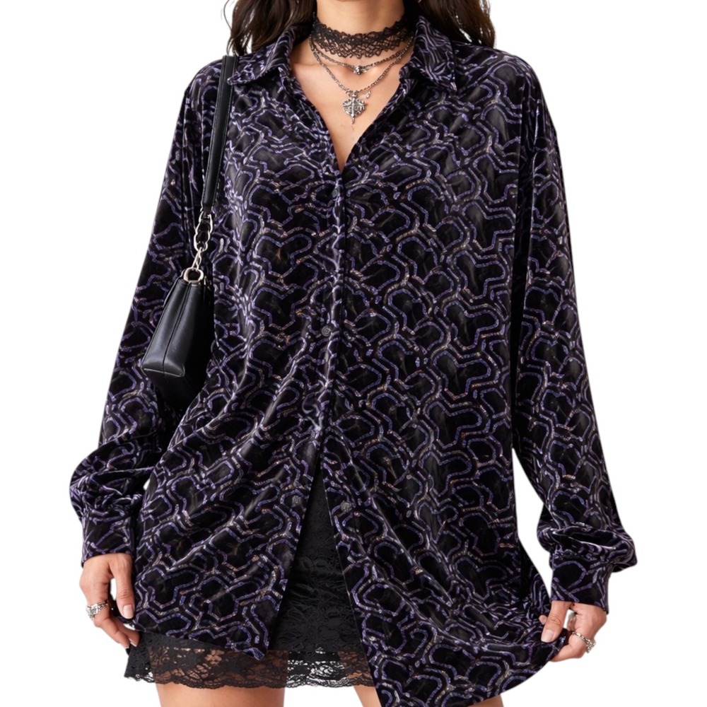 Smash Inc Womens Velvet Tunic Shirt Purple Black Long‎ Sleeve XL Gothic Witchy